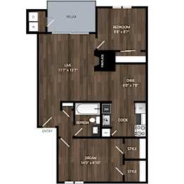 A floor plan of a house with a bedroom, living room, and kitchen.