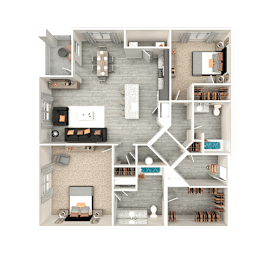 A top-down view of a house layout with a living room, kitchen, and bedrooms.
