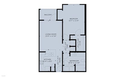 Floor plan of an apartment with a living room, kitchen, bathroom, and bedroom.
