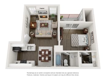 this is a 3d floor plan of a 829 square foot 1 bedroom apartment at the