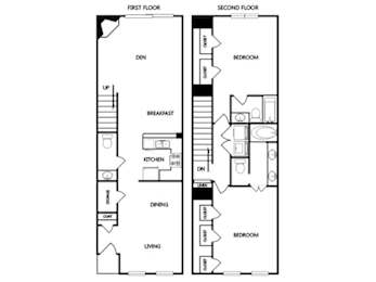A black and white diagram of a two-story apartment layout.
