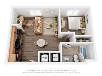 A 3D floor plan of a small apartment with a kitchen, living room, and bathroom.