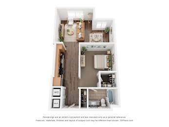 A 3D floor plan of a small apartment with a kitchen, living room, and bathroom.