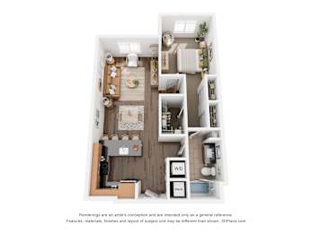 A 3D floor plan of a small apartment with a kitchen, living room, and bathroom.