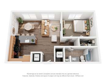 A 3D floor plan of a house with a kitchen, living room, and bathroom.