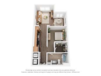 A 3D floor plan of a small apartment with a kitchen, living room, and bathroom.