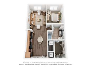 A 3D floor plan of a small apartment with a kitchen, living room, and bathroom.