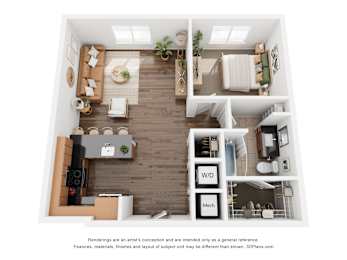 A 3D floor plan of a house with a living room, kitchen, and bedrooms.