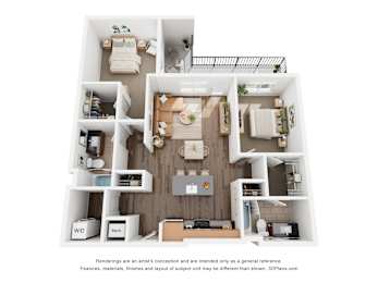 A 3D floor plan of a small apartment with a kitchen, living room, and bathroom.