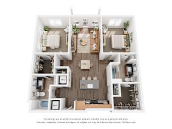 A 3D floor plan of a house with a kitchen, living room, and two bedrooms.