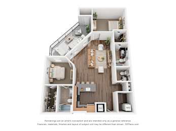 A 3D floor plan of a house with a kitchen, living room, and two bedrooms.