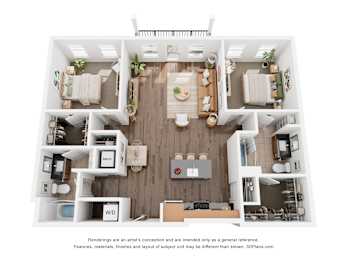 A 3D floor plan of a house with a kitchen, living room, and two bedrooms.