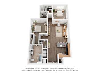 A 3D floor plan of a house with a kitchen, living room, and bathroom.