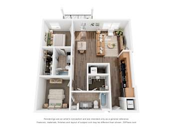 A 3D floor plan of a small apartment with a kitchen, living room, and bathroom.