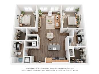 A 3D floor plan of a house with a kitchen, living room, and two bedrooms.