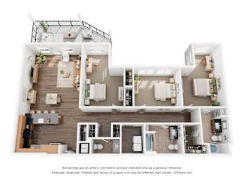 A 3D floor plan of a house with a kitchen, living room, and bathrooms.