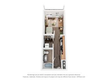 A 3D floor plan of a small apartment with a kitchen, living room, and bathroom.