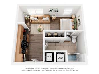 A 3D floor plan of a house with a kitchen, living room, and bathroom.