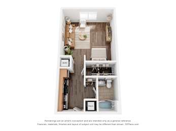A 3D floor plan of a small apartment with a kitchen, living room, and bathroom.