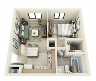 a 1 bedroom floor plan with a bathroom and a living room