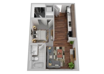 a stylized floor plan with a bedroom and living room