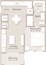 A floor plan of a small apartment with a living room, kitchen, bathroom, bedroom and balcony.