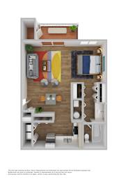 A floor plan of a small apartment with a bedroom, living room, and kitchen.