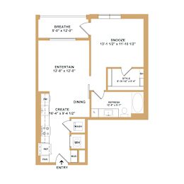 A floor plan of a house with labeled rooms such as BREATHE, SNOOZE, ENTERTAIN, DINING, REFRESH, WASH, WHO, MUD, and REF.