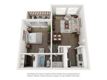 a 3d floor plan of a 1 bedroom apartment