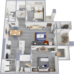 a spacious two bedroom apartment with two bathrooms and a living room with a kitchen and dining area