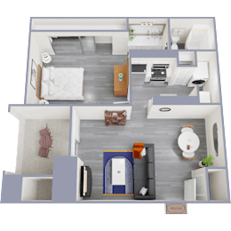 A top-down view of a modern apartment layout with a living room, kitchen, and bedroom.