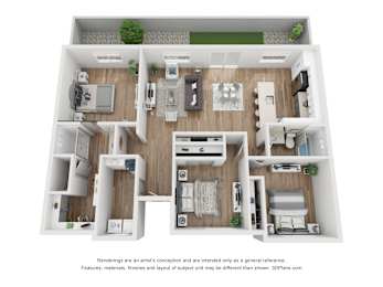 A 3D floor plan of a house with a living room, kitchen, and two bedrooms.