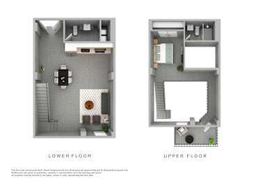 a stylized rendering of a floor plan with upper and lower floors
