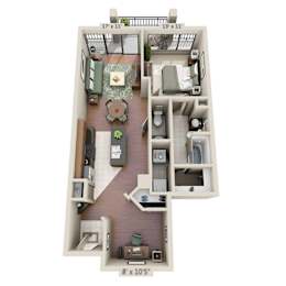 A 3D floor plan of a small apartment with a living room, kitchen, and bedroom.