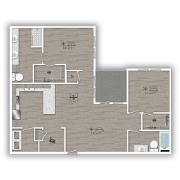 A floor plan of a house with a kitchen, living room, and bathroom.