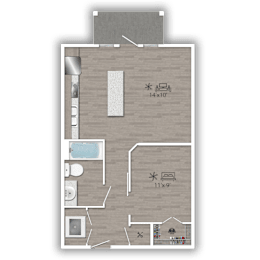 A floor plan of a house with a kitchen, living room, and bathroom.