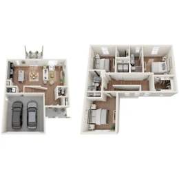 Two images of a house layout, one with a car parked in the driveway.