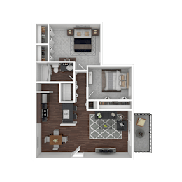 A 3D rendered image of a house layout.