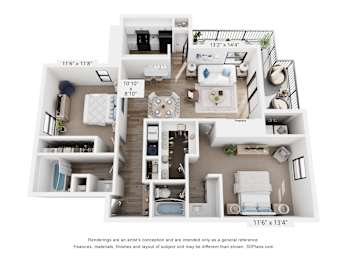 A 3D floor plan of a small apartment with a kitchen, living room, and bedroom.