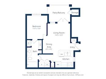A floor plan of a house with a living room, dining area, kitchen, bath, bedroom, and storage.