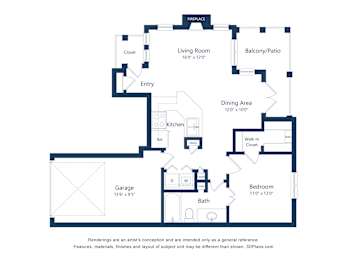 A floor plan of a house with a living room, dining area, kitchen, bathroom, and two bedrooms.