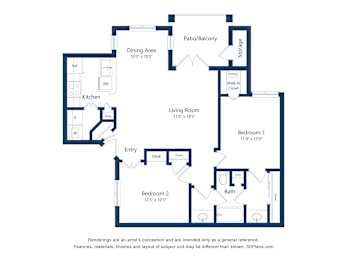 A floor plan of a house with a kitchen, two bedrooms, a living room, and a bathroom.