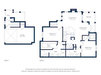 A floor plan of a two level home with a garage and two bedrooms.