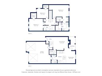 A floor plan of a two level residential property with three bedrooms and a garage.