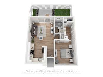 A 3D floor plan of a house with a kitchen, living room, and bathroom.