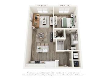A 3D floor plan of a small apartment with a kitchen, living room, and bathroom.