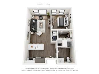 A 3D floor plan of a small apartment with a kitchen, living room, and bedroom.