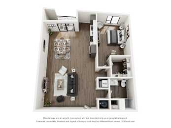 A 3D floor plan of a small apartment with a kitchen, living room, and bedroom.