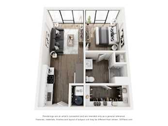 A 3D floor plan of a small apartment with a kitchen, living room, and bathroom.