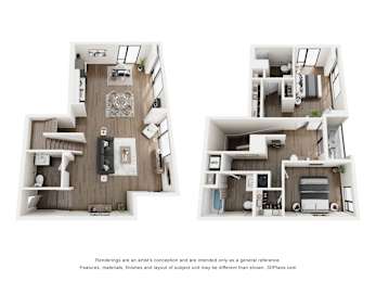 A floor plan of a two-story apartment with a living room, kitchen, and bedrooms.